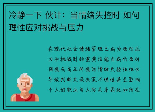 冷静一下 伙计：当情绪失控时 如何理性应对挑战与压力