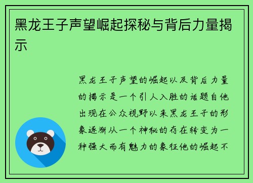 黑龙王子声望崛起探秘与背后力量揭示